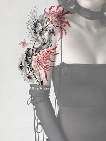 Asian style tattoo design phoenix peonies red ink tattooed girl fine line hand drawn arm delicate