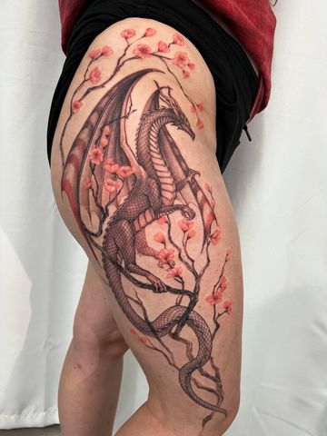 Dragon fine line tattoo hips  black an red ink hand drawn design sakura Asian style tattooed girl