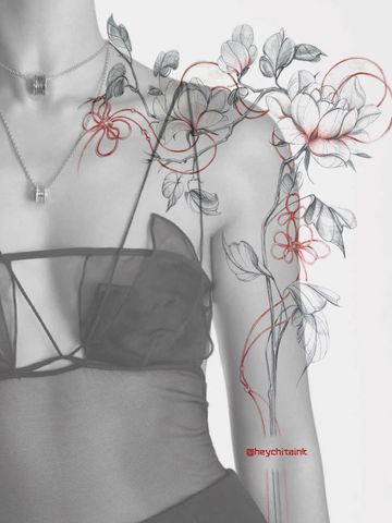 lucky charm ribbon magnolia tattoo design concept girly shoulder tattoo sleeve Toronto Canada artist