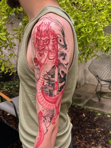 Dragon fine line tattoo  sleeve red ink hand drawn design pagoda  Asian style tattooed man raven 