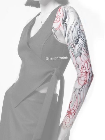 Crane tattoo sleeve idea girl feminine delicate big tattoo feathers wings flower peony red ink