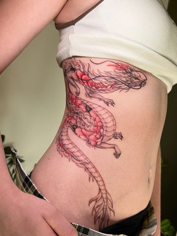 Dragon fine line tattoo ribs  black an red ink hand drawn design peonies  Asian style tattooed girl