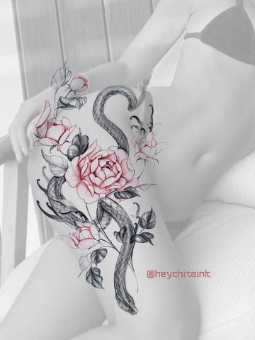 Snake tattoo idea inspiration peony red fineline ink graphic realistic feminine thigh tattoo detail