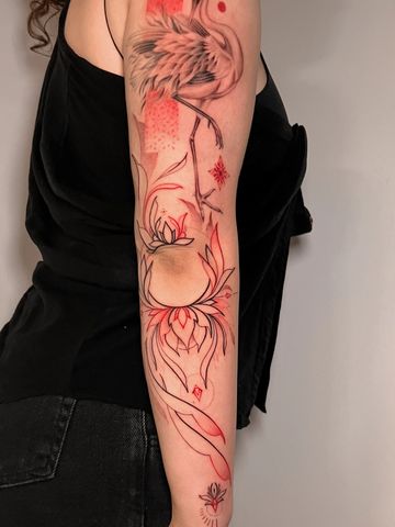 Crane tattoo sleeve fine line black an red ink hand drawn design unique geometry pattern Asian style
