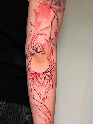 Crane tattoo sleeve fine line black an red ink hand drawn design unique geometry pattern Asian style