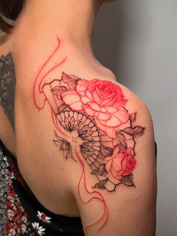Fan fine line tattoo ribs  black an red ink hand drawn design peonies  Asian style tattooed girl