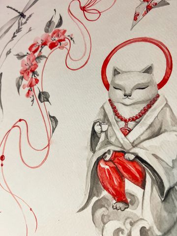 Asian style tattoo design cat monk red ink sakura water colour hand drawn paper delicate dragonfly