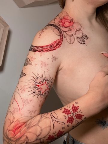 Snake tattoo sleeve fine line black an red ink hand drawn design peonies star pattern Asian style