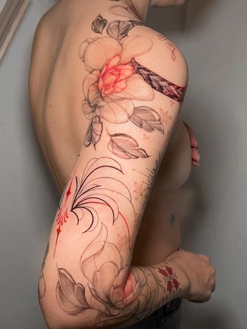 Snake tattoo sleeve fine line black an red ink hand drawn design peonies star sacred Asian style