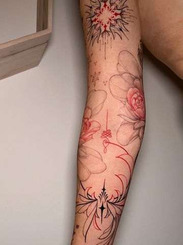 Snake tattoo sleeve fine line black an red ink hand drawn design peonies star sacred Asian style