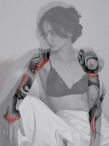 Water tattoo design brushstrokes abstract red ink tattooed girl fine line hand drawn arm delicate