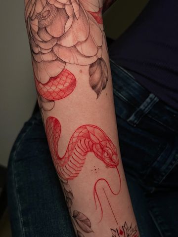 Snake fine line tattoo hips black red ink hand drawn design peonies sleeve Asian style tattooed girl