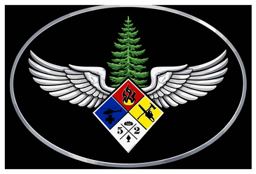 A logo with wings, pine tree, and four colored quadrants.