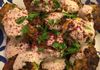 Turkey, courgette and spring onion mini burgers with a sour cream, yoghurt and sumac dip.