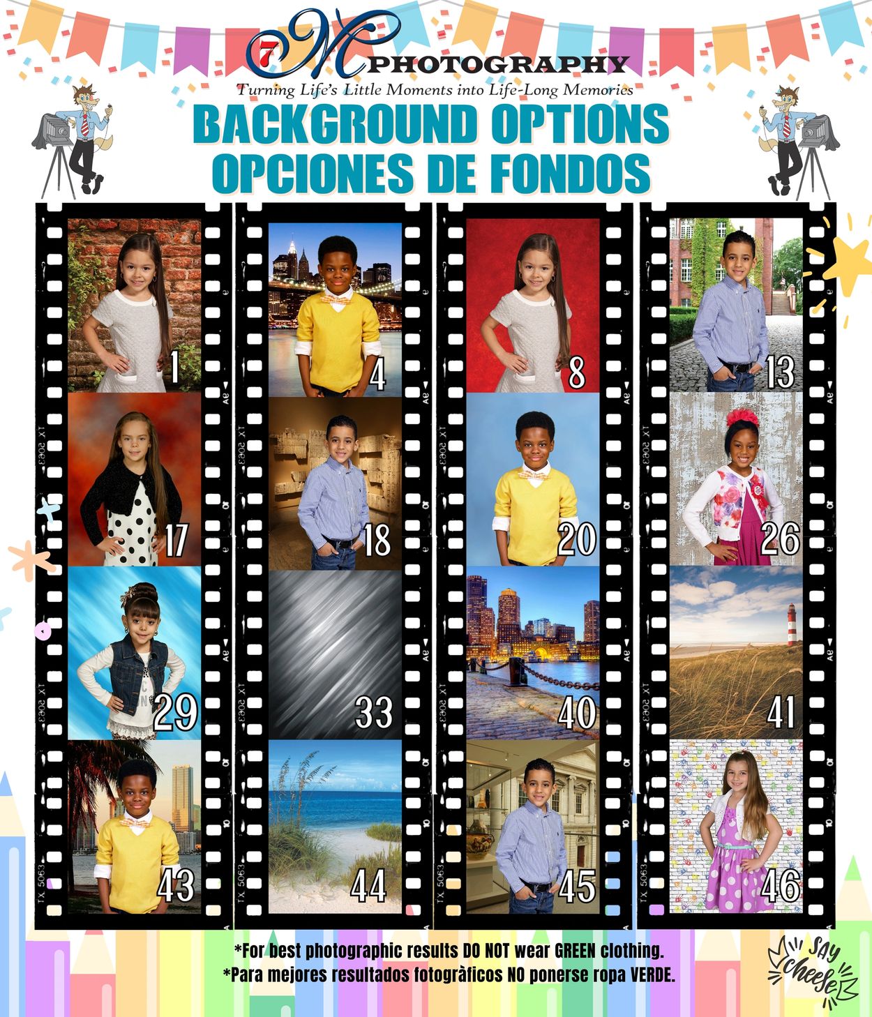 Photography background options with diverse colorful settings for kids.