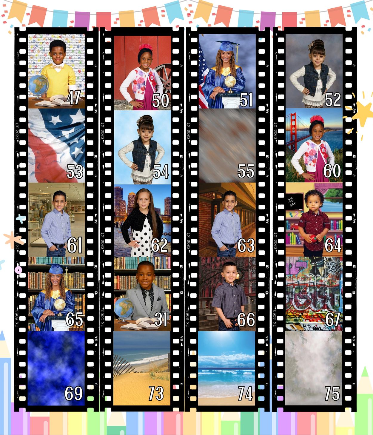 Children's portraits with numbered frames and colorful decorations.