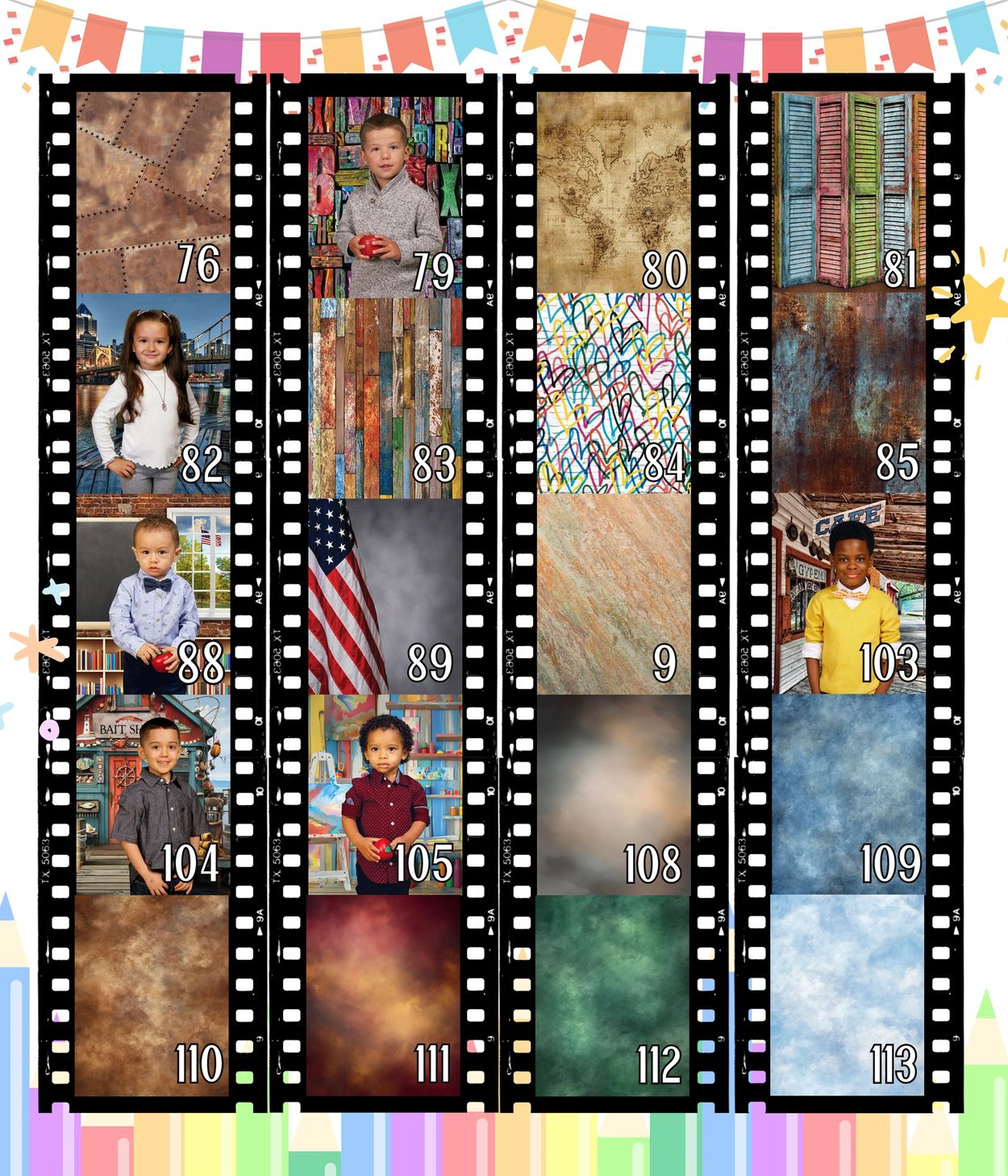 Film strips with kids' portraits and diverse artistic backgrounds.