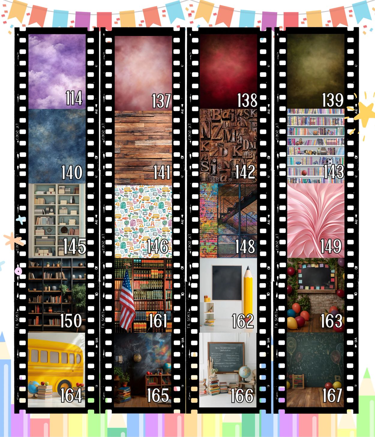 Filmstrip with numbered educational and abstract backgrounds.