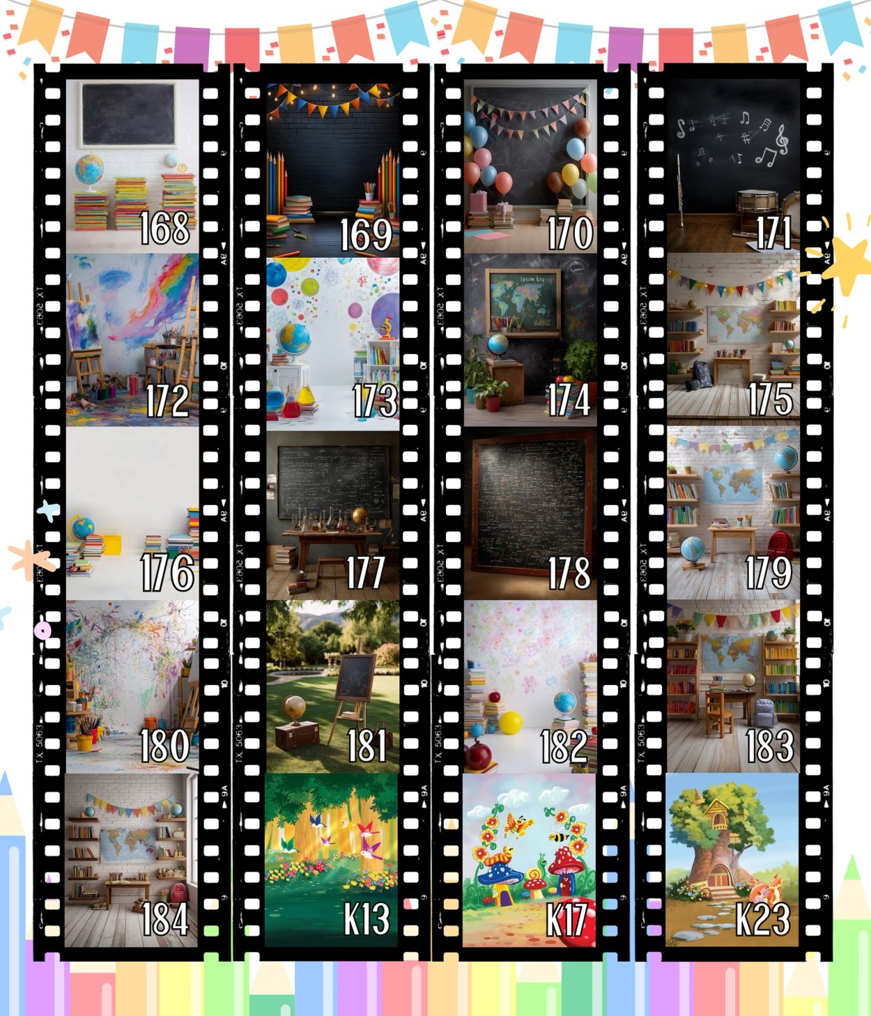 Colorful school-themed photos in film strip frames with festive decorations.
