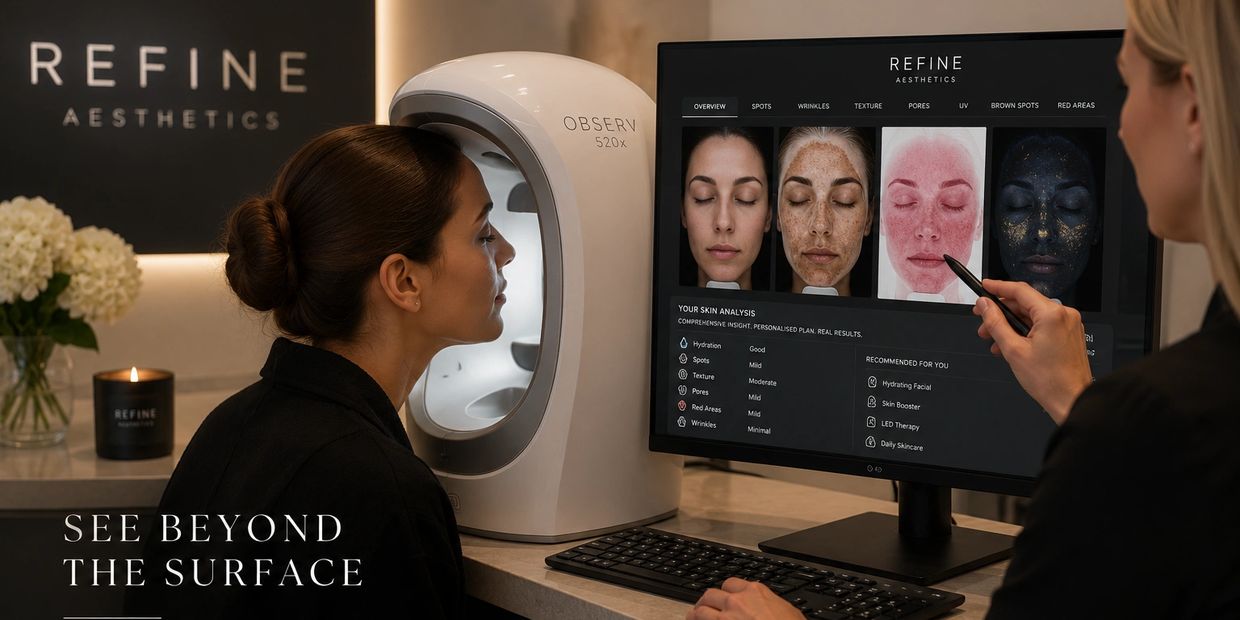 Woman getting a detailed skin analysis at Refine Aesthetics.