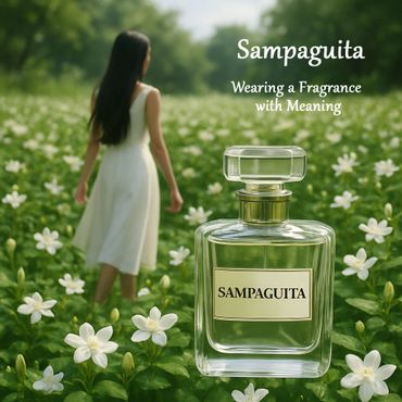 Woman in white dress in a field of sampaguita flowers with perfume bottle.