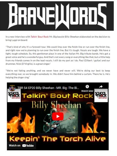 In a new interview with Talkin' Bout Rock Mr. Big bassist Billy Sheehan elaborated on the decision t