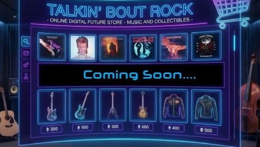 Neon-themed digital music store interface showcasing albums and rock collectibles with prices.