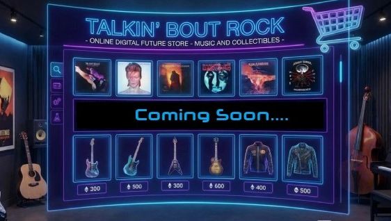 Neon-themed digital music store interface showcasing albums and rock collectibles with prices.