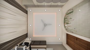 Modern ceiling with recessed lighting and artwork.