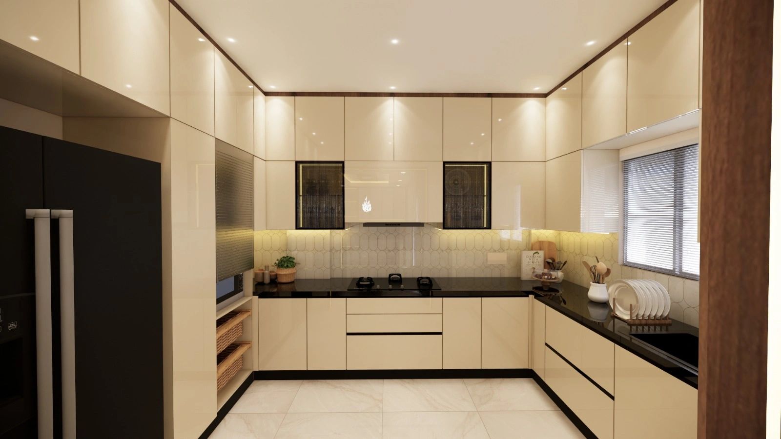 Modern beige kitchen with black countertops and sleek finishes.