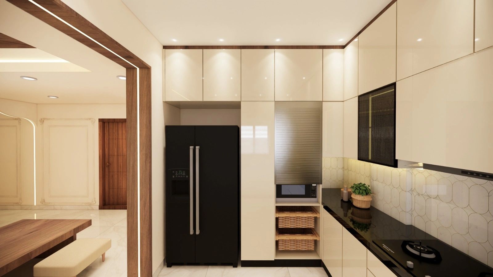 Modern kitchen with black refrigerator and beige cabinets.