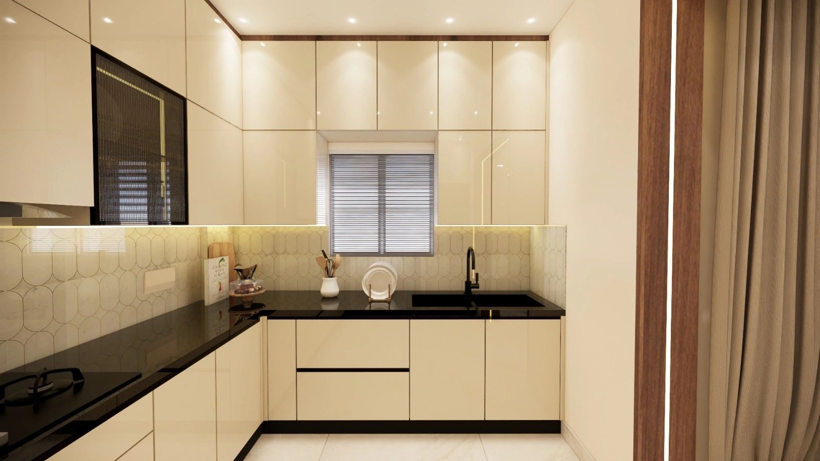 Modern kitchen with beige cabinets and black countertops.
