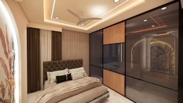 Cozy modern bedroom with glass wardrobe.