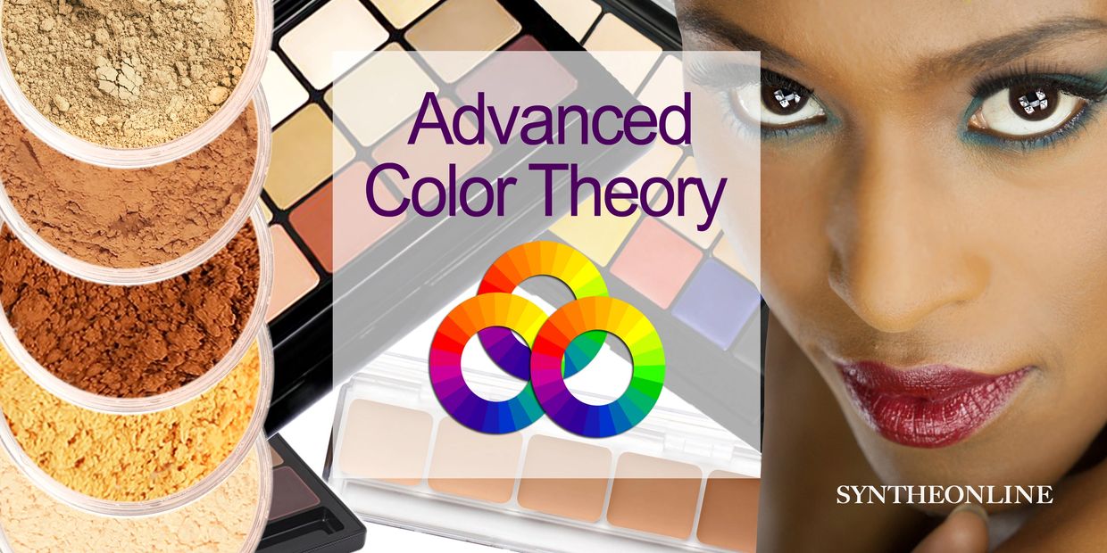 Makeup powders, palettes, and a woman's face highlight advanced color theory in cosmetics.