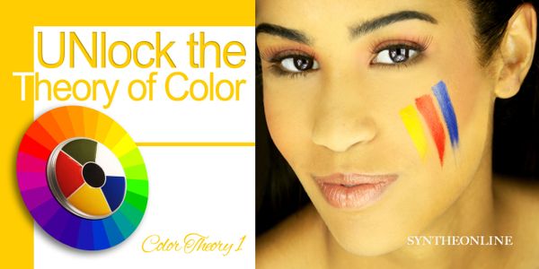 Unlock the theory of color with a vibrant palette and a woman showcasing color stripes on her cheek.