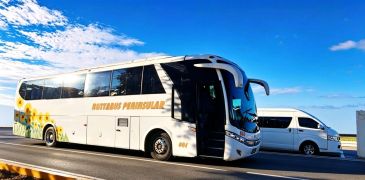 Autobús blanco en carretera con furgoneta.