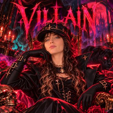 Confident woman in dark, villainous attire.