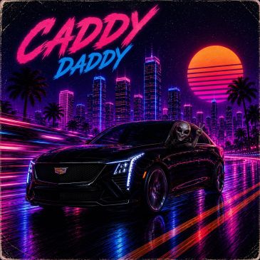 Retro-futuristic cityscape with a sleek car and skeleton driver at night.