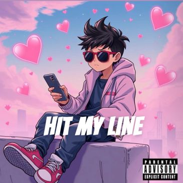 Cool cartoon character with hearts and 'Hit My Line' text.
