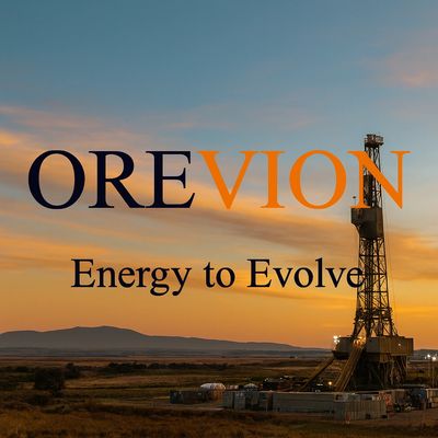 OREVION logo with an oil rig at sunset and the tagline 'Energy to Evolve'.