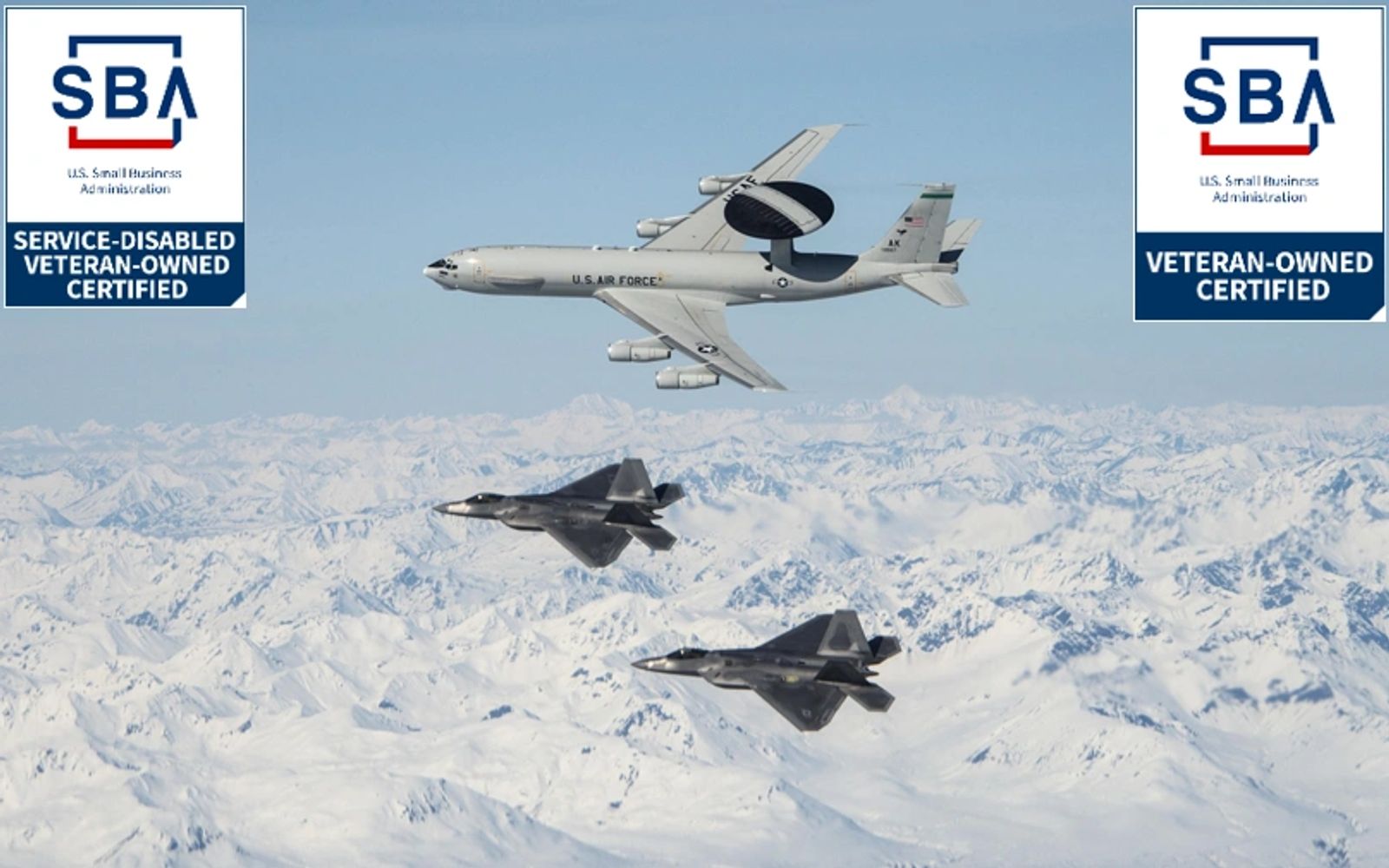 U.S. Air Force planes fly over snowy mountains with veteran-owned certification logos.
