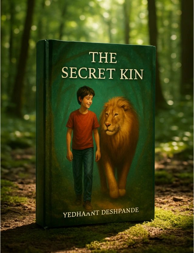 Book cover of 'The Secret Kin' featuring a boy and a lion in a forest setting.