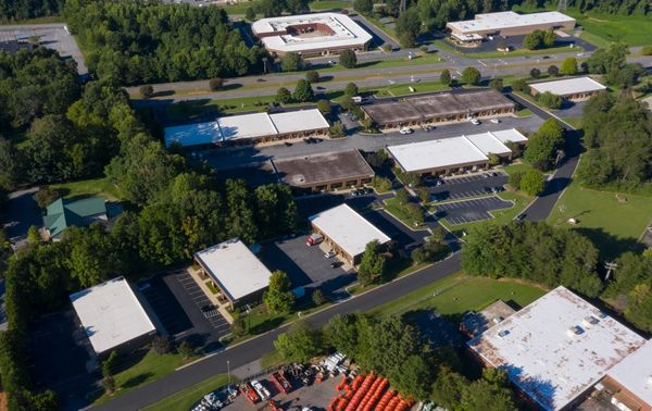 Commercial aerial drone image of Westover Industrial Park in Hickory, NC