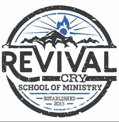 Logo of Revival Cry School of Ministry with mountain and flame design.