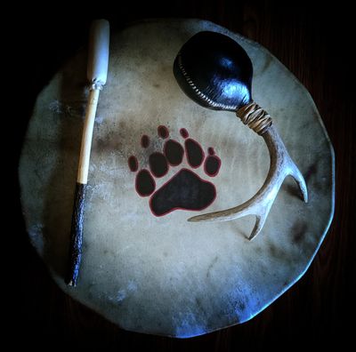 18" Buffalo hide handrum with Bear paw art. 14" Chokecherry stick with Buffalo wrapped head. Also, p