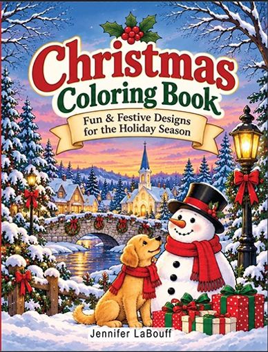 Festive Christmas coloring book cover with snowman and dog.