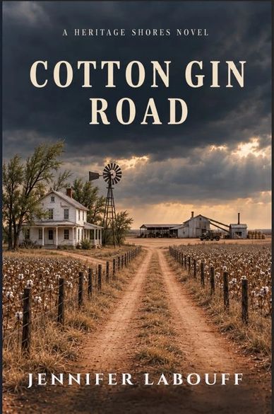 Book cover for Cotton Gin Road with a farmhouse and cotton fields.