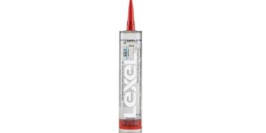 A tube of Lexel clear adhesive with a red nozzle on a white background.