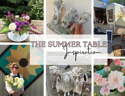A collage showcasing summer table inspiration with flowers, ceramics, and a food truck.