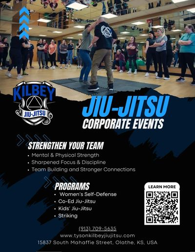 Group training session for corporate Jiu-Jitsu events emphasizing team strength and discipline.